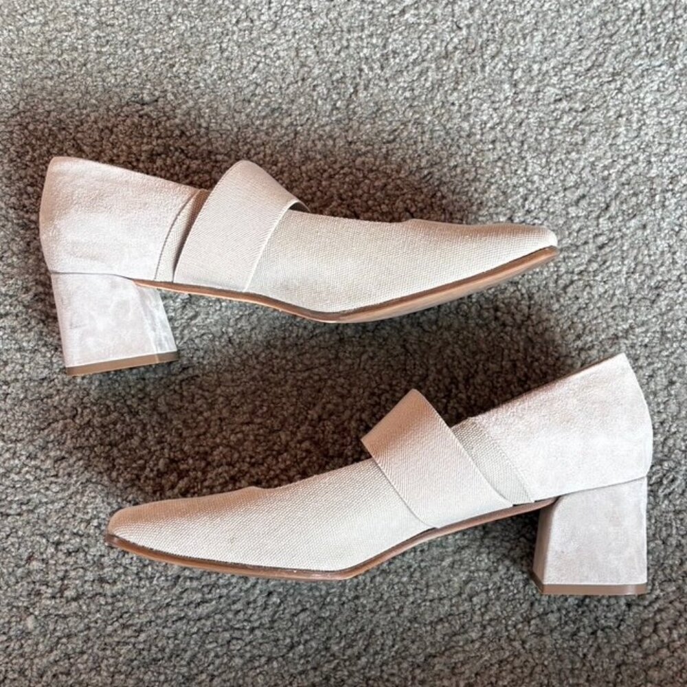 M.Gemi Italian Mary Jane Block Heel 42 Nude Beige Suede & Canvas Made in Italy